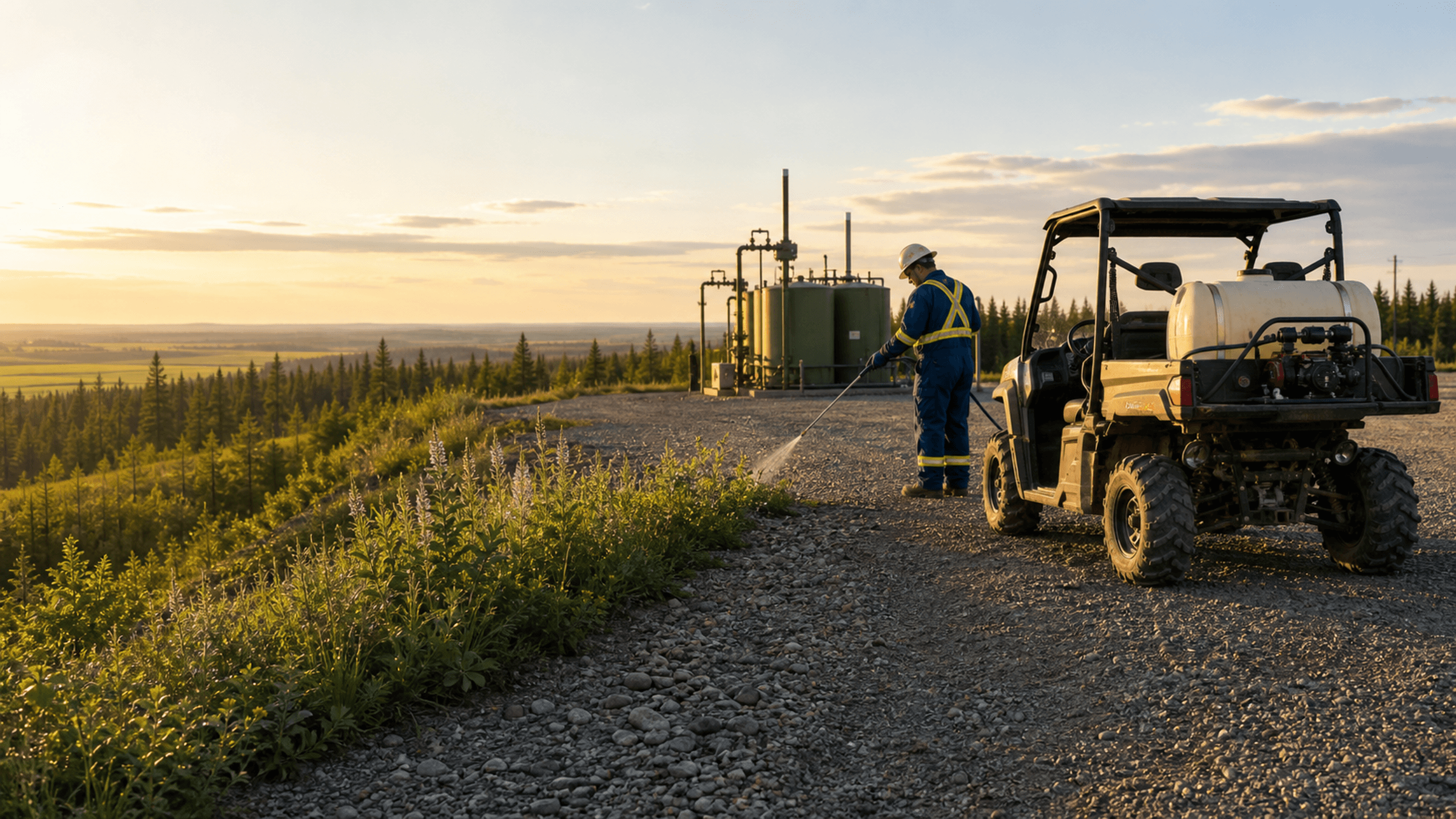 Dead Weed crew spraying a well-site lease from a side-by-side near Fort St. John