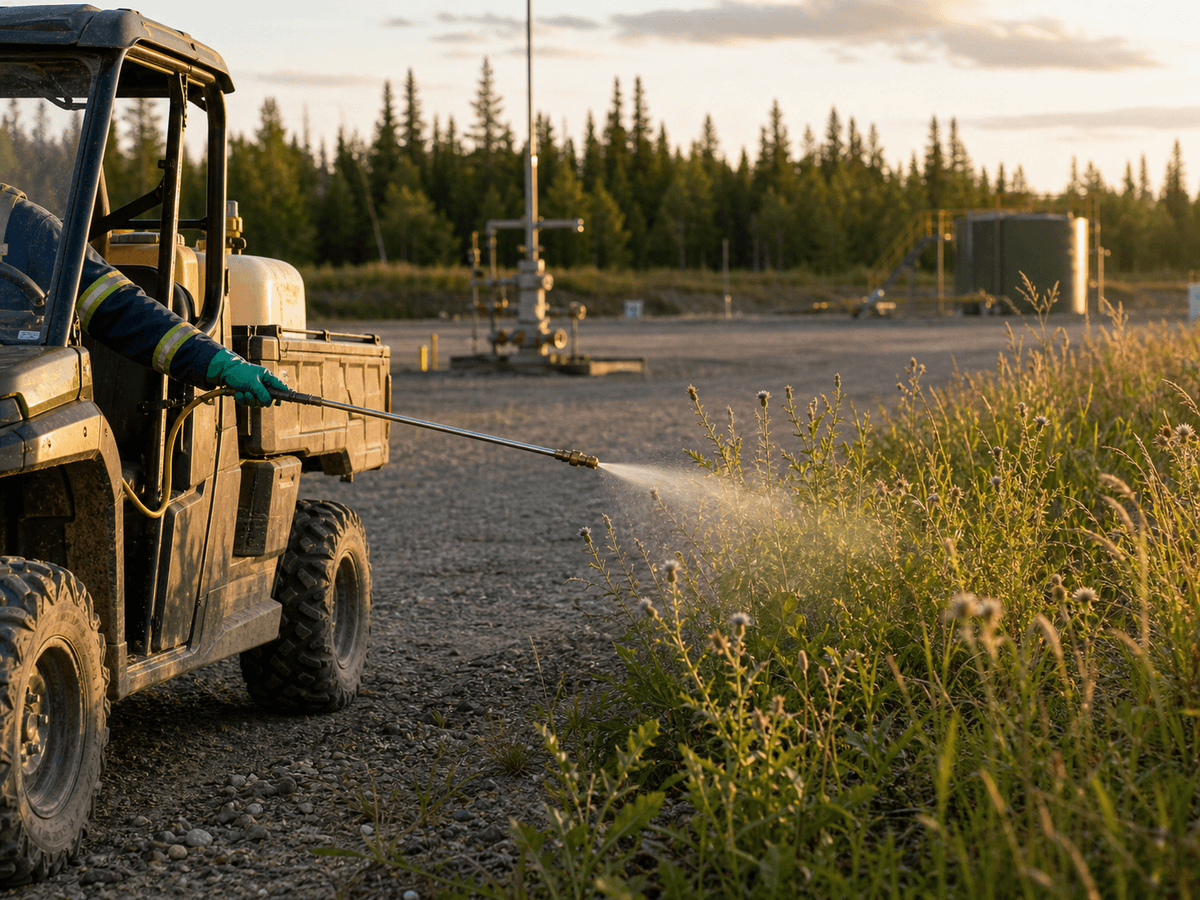 Side-by-side with a mounted sprayer treating weeds on an oilfield lease in the Peace Region